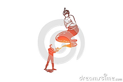 Businessman, gin, lamp, fantasy, desire concept. Hand drawn isolated vector. Vector Illustration