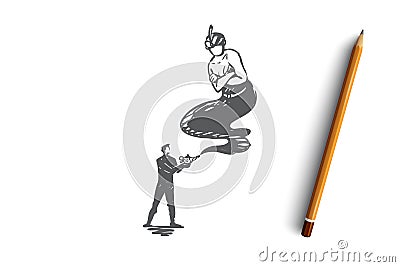 Businessman, gin, lamp, fantasy, desire concept. Hand drawn isolated vector. Vector Illustration