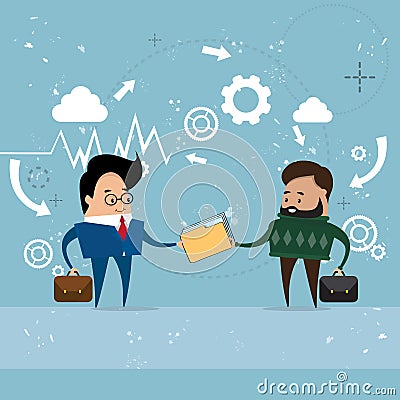 Businessman Give Folder Document Papers, Businessmen Share Information Data Vector Illustration