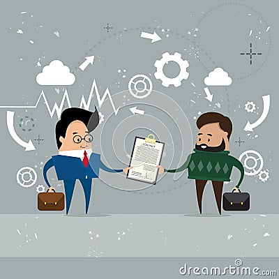 Businessman Give Folder Document Papers, Businessmen Share Information Data Vector Illustration