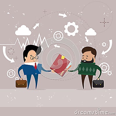 Businessman Give Folder Document Papers, Businessmen Share Information Data Vector Illustration