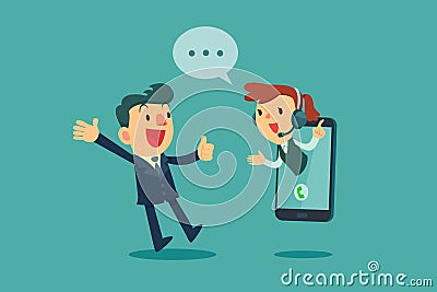 Businessman give thumb up to call center operator on screen of s Vector Illustration