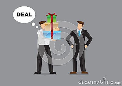 Businessman giving bribe gift to another businessman so as to win a deal. Vector Illustration