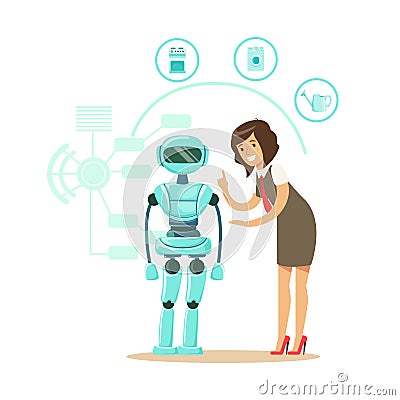 Businessman giving directions to humanoid robot housewife, future technology concept vector Illustration Vector Illustration