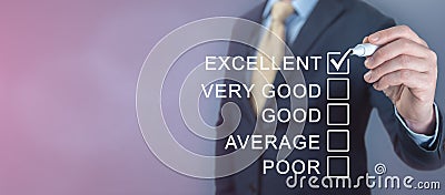 Businessman giving excellent feedback rating as oppose to five option Good, Average and Poor ratings. copy space. Customer Stock Photo