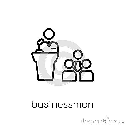 businessman giving a lecture icon. Trendy modern flat linear vector businessman giving a lecture icon on white background from th Vector Illustration