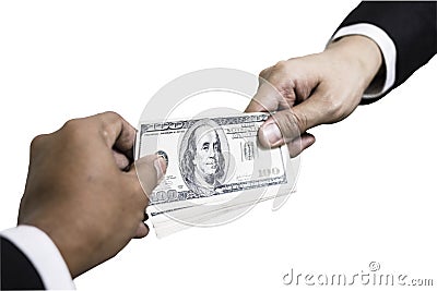 Hand receiving money dollar from businessman hand. isolated on white background Stock Photo