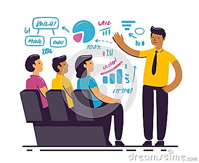 Businessman giving a presentation. Manager employee presenting business strategy project. Flat vector illustration Vector Illustration