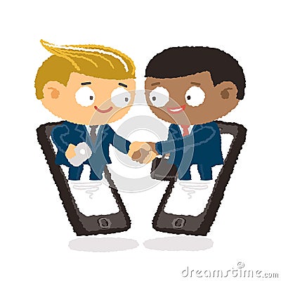 Businessman giving shaking hands and support friend to join business with mobile phone Vector Illustration