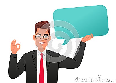 Businessman in glasses and a black suit holds an empty speech bubble and shows an OK sign. The concept of personal opinion. Vector Vector Illustration