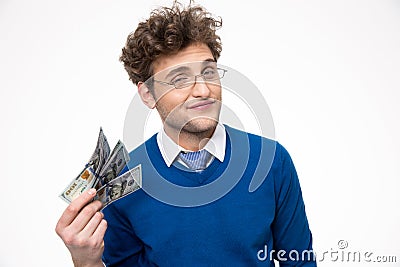 Businessman in glasses holding money Stock Photo