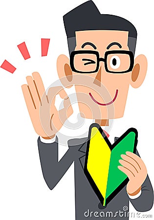 Businessman glasses showing a sign of OK with a beginner`s mark Vector Illustration