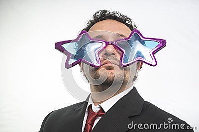 Businessman with glasses stars, crazy and funny achiever Stock Photo