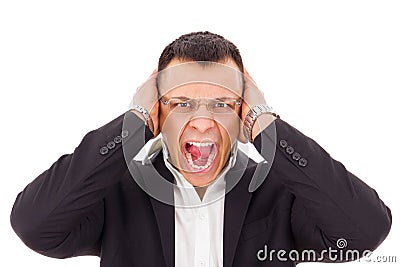 Businessman with glasses in suit holding head Stock Photo