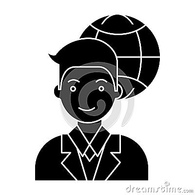 Businessman global icon, vector illustration, black sign on isolated background Vector Illustration