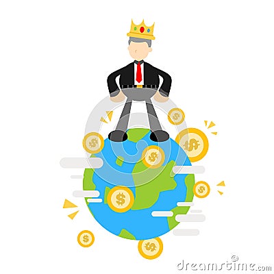 businessman king business money world global domination cartoon doodle flat design style Vector Illustration