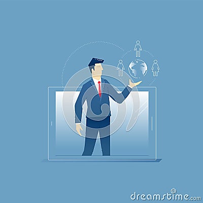 Businessman with globe shape protrudes from a tablet PC screen Cartoon Illustration