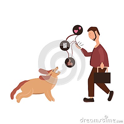 Businessman goes to work with a dog and talking on the phone, men flat vector icon on a white background Vector Illustration