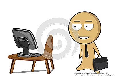 Businessman goes to work. Table with computer. Vector Illustration