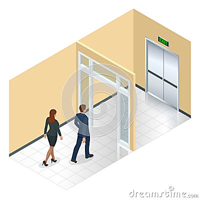 Businessman going exit door sign, emergency. Business solution or exit strategy concept. Leaving the office building Vector Illustration