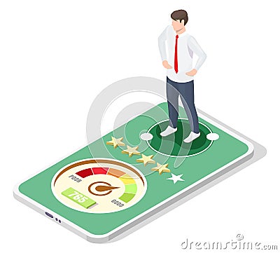 Businessman good credit score report, history on mobile, vector isometric illustration. Personal credit rating online. Vector Illustration