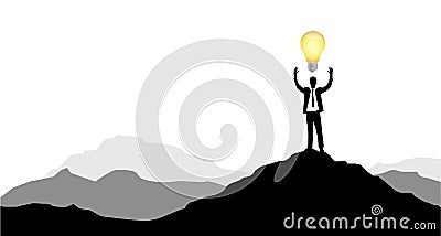 businessman with great idea on mountain peak. Cartoon Illustration