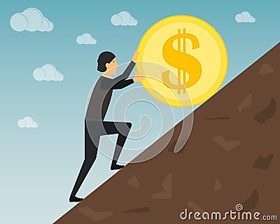 A businessman in the guise of Sisyphus is pushing a gold coin up the hill. Dollar sign. Success, goal, perseverance, leadership. Vector Illustration