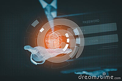 Businessman Hacker Hold smart phone and Touching in graph Screen code of a media screen on the White background,Technology Process Stock Photo