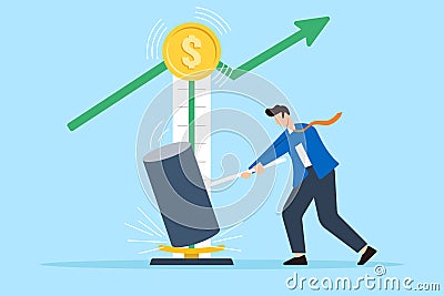 Businessman hammering strength tester to reach top high graph in flat design Vector Illustration