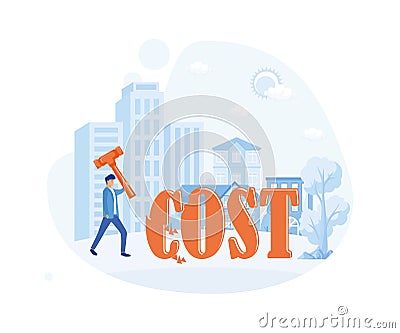 Businessman hammering text cost symbol illustration. Vector Illustration