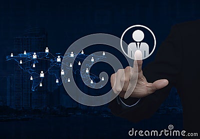 Businessman hand click businessman icon with light blue world ma Stock Photo