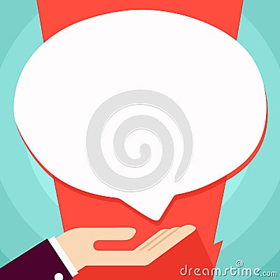Businessman Hand Doing the Donation Sign Icon. Palm Up in Supine Position under Round Blank White Speech Bubble Vector Illustration