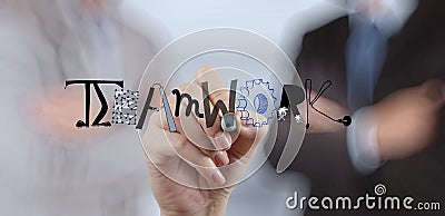 Businessman hand drawing design graphic word TEAMWORK Stock Photo
