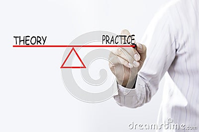 Businessman hand drawing Theory and Practice balance - Business Stock Photo