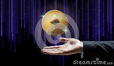 Businessman hand with ethereum over binary code Editorial Stock Photo