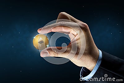 Businessman hand with ethereum over binary code Editorial Stock Photo