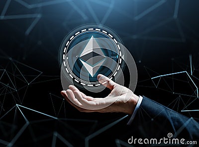 Businessman hand with ethereum over binary code Editorial Stock Photo