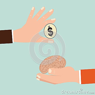 Businessman hand exchanging human brain and money. Vector Illustration