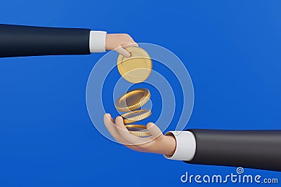 Businessman hand giving coin to another hand, buy sell donate concept, 3D rendering Stock Photo