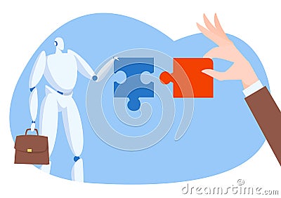 Businessman hand hold business idea puzzle, future technology artificial internet robot flat vector illustration Vector Illustration