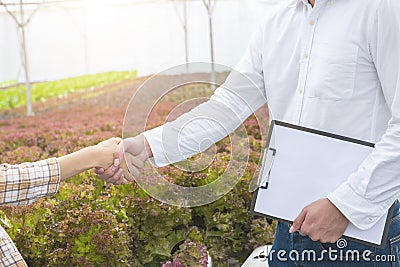 Businessman hand hold contract and asian woman farmer success deal contract in greenhouse hydroponic organic farm ,Small business Stock Photo