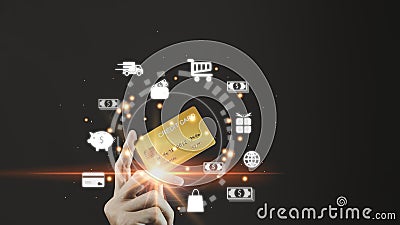 Businessman hand hold gold credit card and hologram with online shopping. Futuristic e-commerce online shopping concept Stock Photo