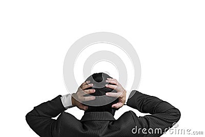 Businessman with 2 hand hold head with chagrin expression isolated in white Stock Photo