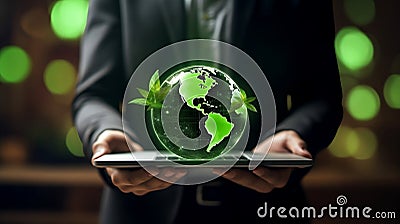 Businessman hand hold laptop with globe. ESG, Environment Social Governance. Reducing co2. Net Zero. Sustainable. ethical. Stock Photo