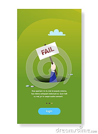 Businessman hand hold placard from hole abyss business fail bankruptcy crisis debt concept flat vertical copy space Vector Illustration