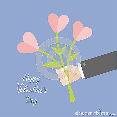 Businessman hand holding bouquet of heart flowers. Happy Valentines Day. Flat design. Rose quartz serenity color Vector Illustration