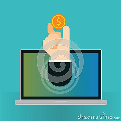 Businessman hand holding coin inside computer Vector Illustration
