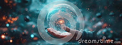 a businessman hand holding a computergenerated cloud with a planet on the background Stock Photo