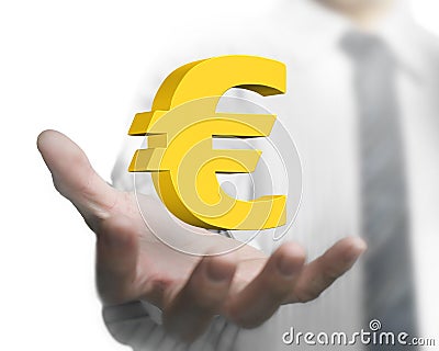 Businessman hand holding 3D golden euro sign Stock Photo