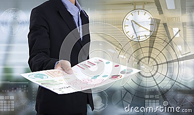 Businessman hand holding document paper lot of file. Stock Photo